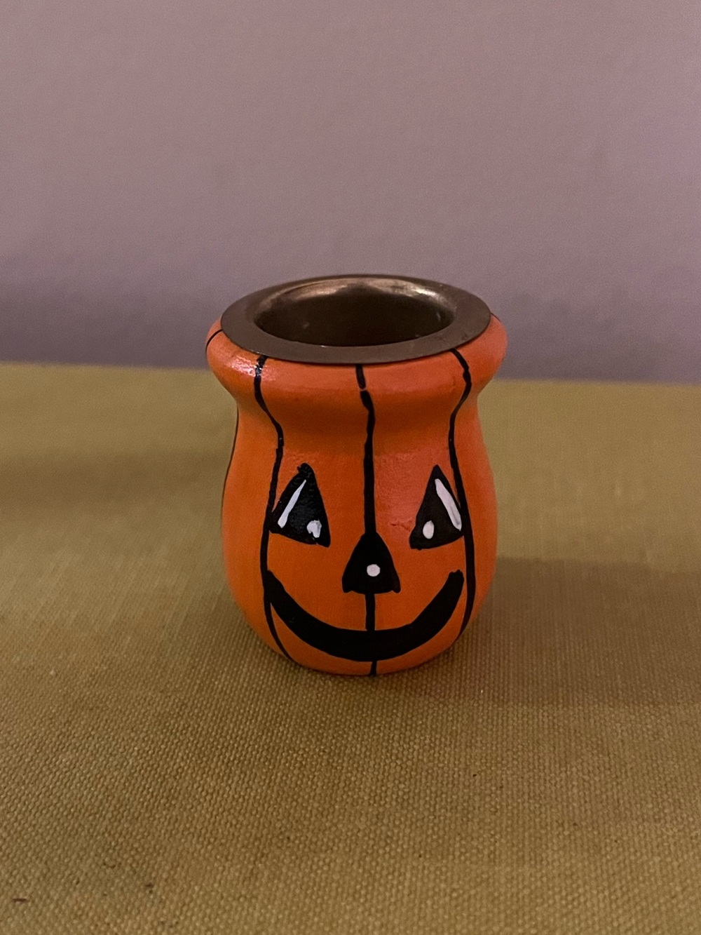 Orange Pumpkin Ceramic Candle Holder with Jack-O'-Lantern Face